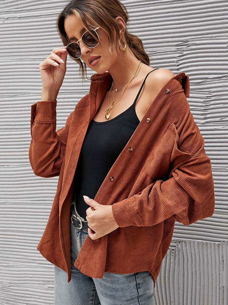 Women's Corduroy Shacket Jacket with Pocket - Long Sleeve Oversized Shirt