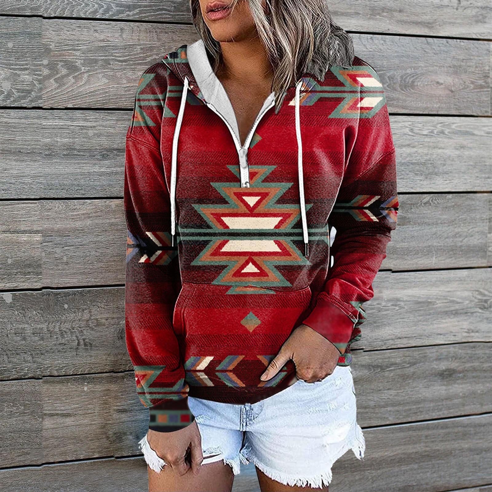 Women's Retro Aztec Geometric Print Sweatshirt Hoodie with Zip Front Closure