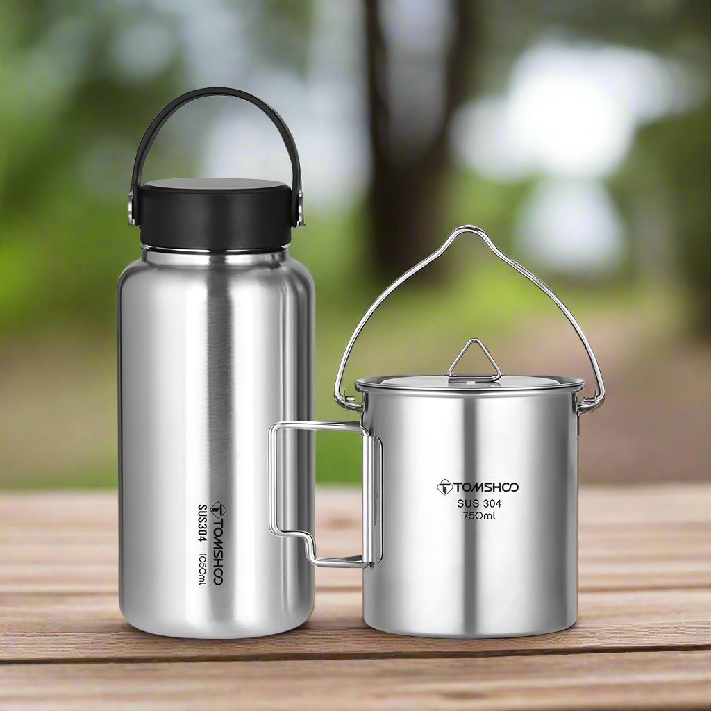 TOMSHOO Portable Foldable Stainless Steel Leakproof Water Bottle Coffee Mug 750ML 1050ML Ideal for Outdoor Camping Boiling Water Compatible Durable and Conveniently Portable