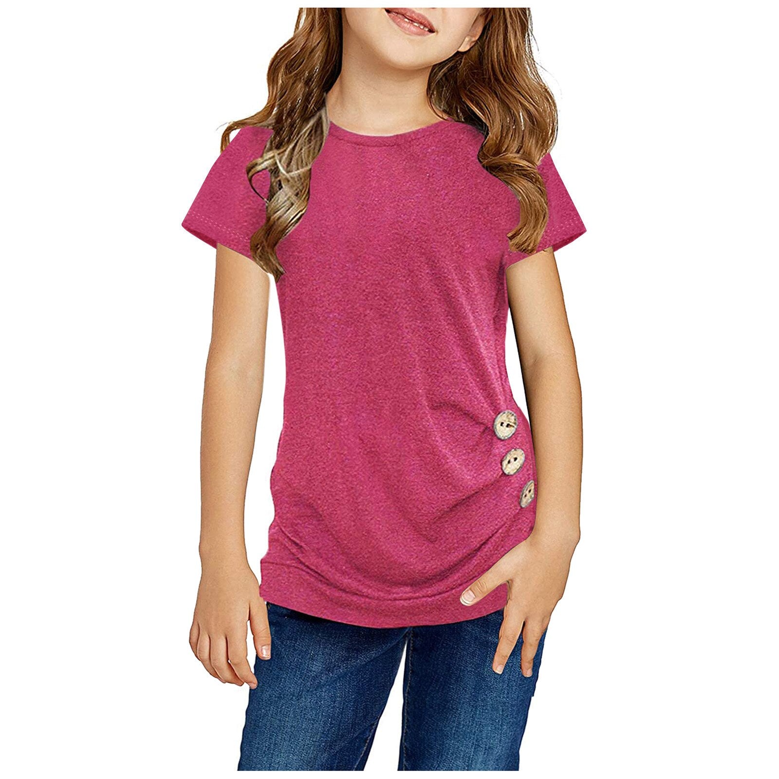 Girls Casual Knot Loose Tunic Top O-neck Short Sleeve Front Button T-shirt - 90% Cotton 10% Spandex Blend