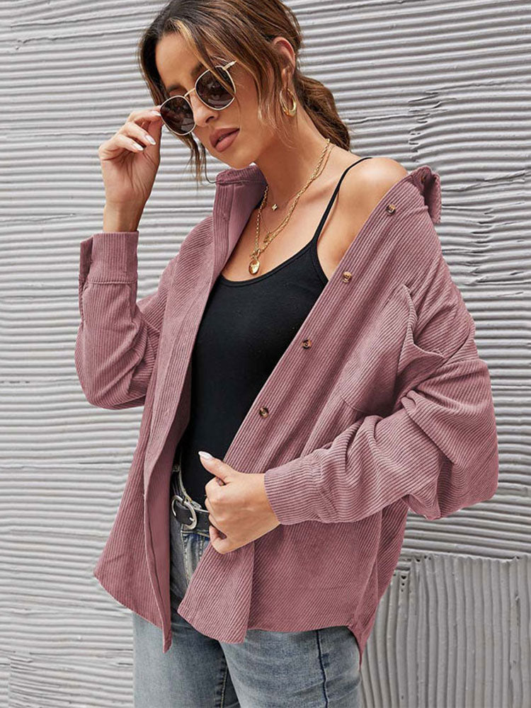 Women's Corduroy Shacket Jacket with Pocket - Long Sleeve Oversized Shirt