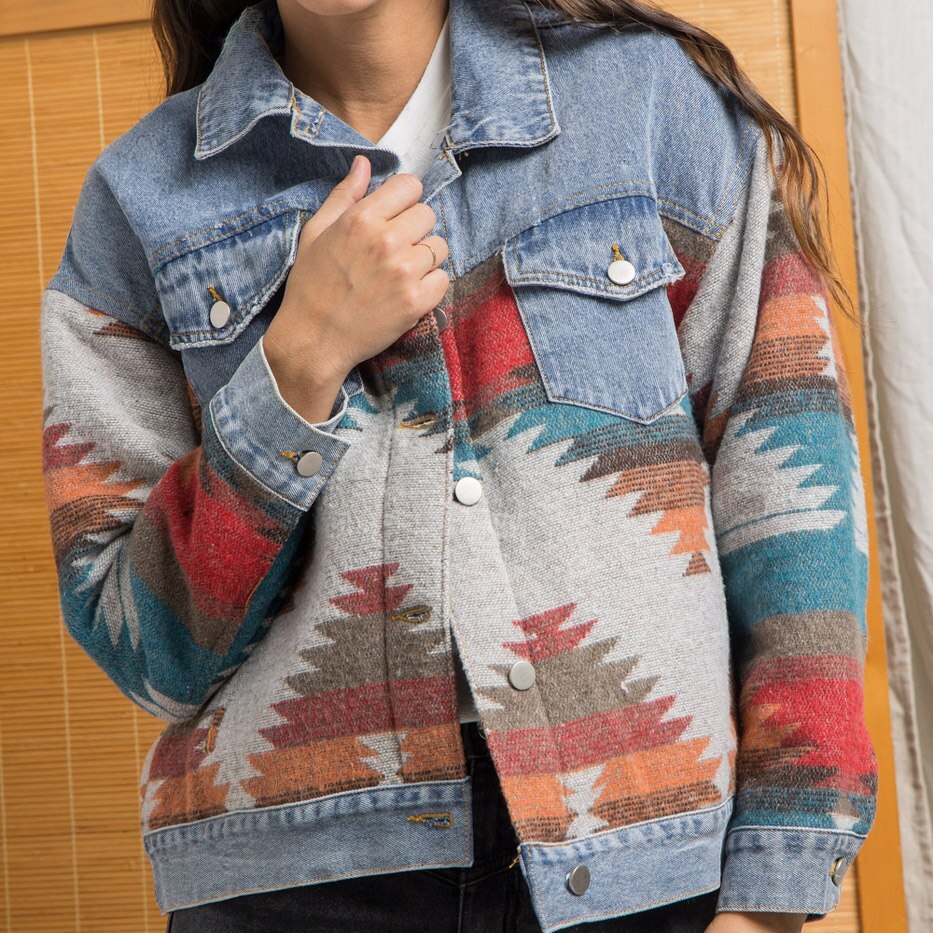 Stylish Women's Retro Aztec Long Sleeve Denim Woolen Jacket with Pockets