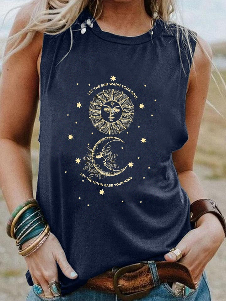 Vintage Sun and Moon Graphic Tank Top - Comfortable Sleeveless Shirt with Modern Letter Design and Breathable Cotton Blend Fabric