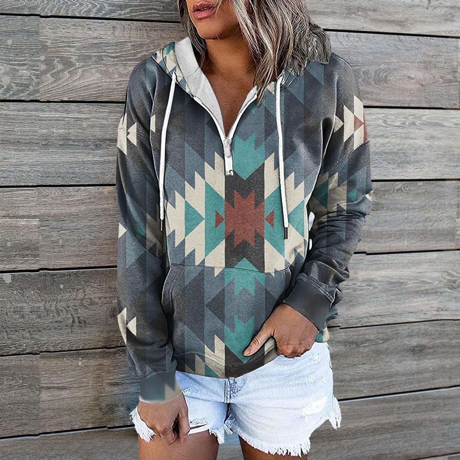 Women's Retro Aztec Geometric Print Sweatshirt Hoodie with Zip Front Closure