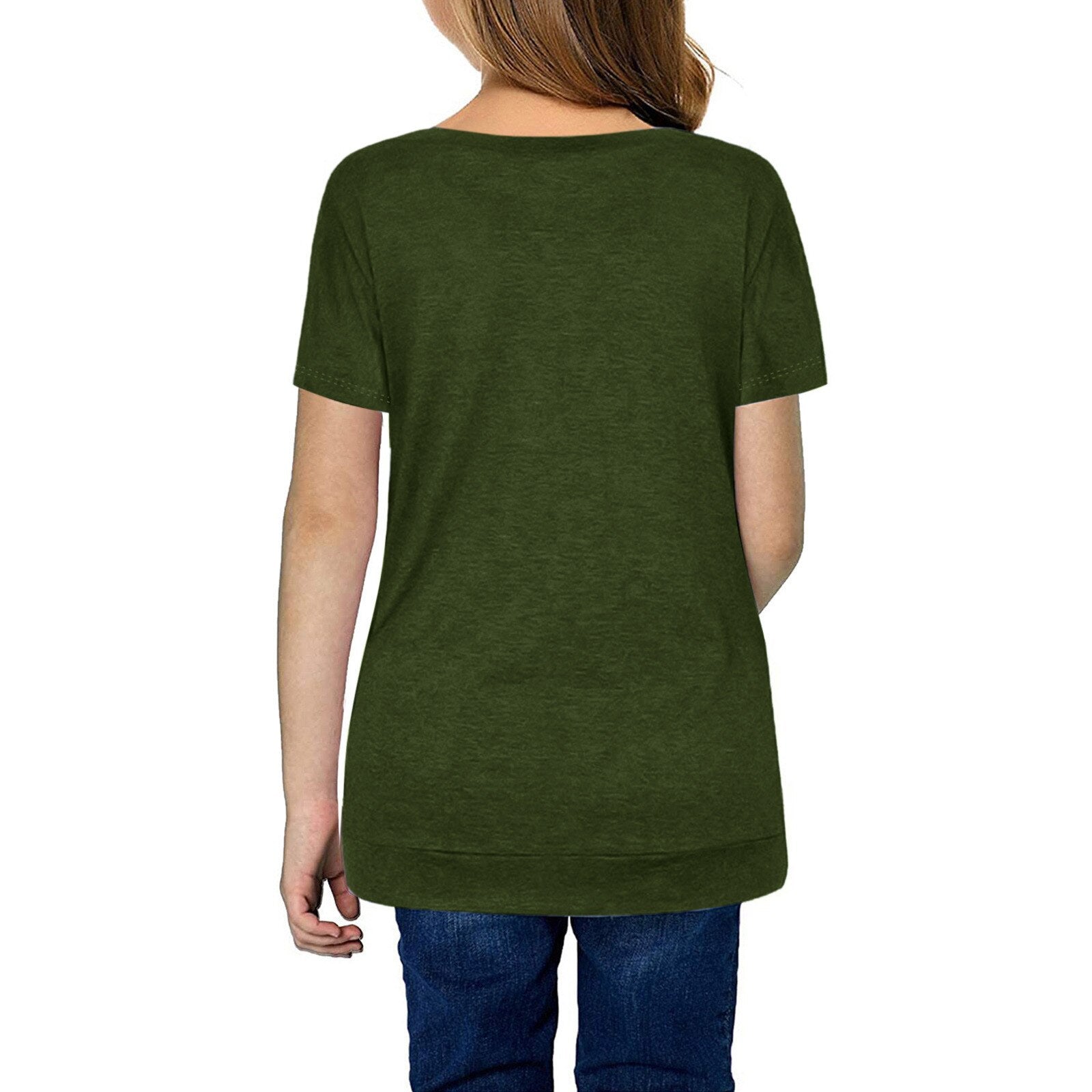 Girls Casual Knot Loose Tunic Top O-neck Short Sleeve Front Button T-shirt - 90% Cotton 10% Spandex Blend