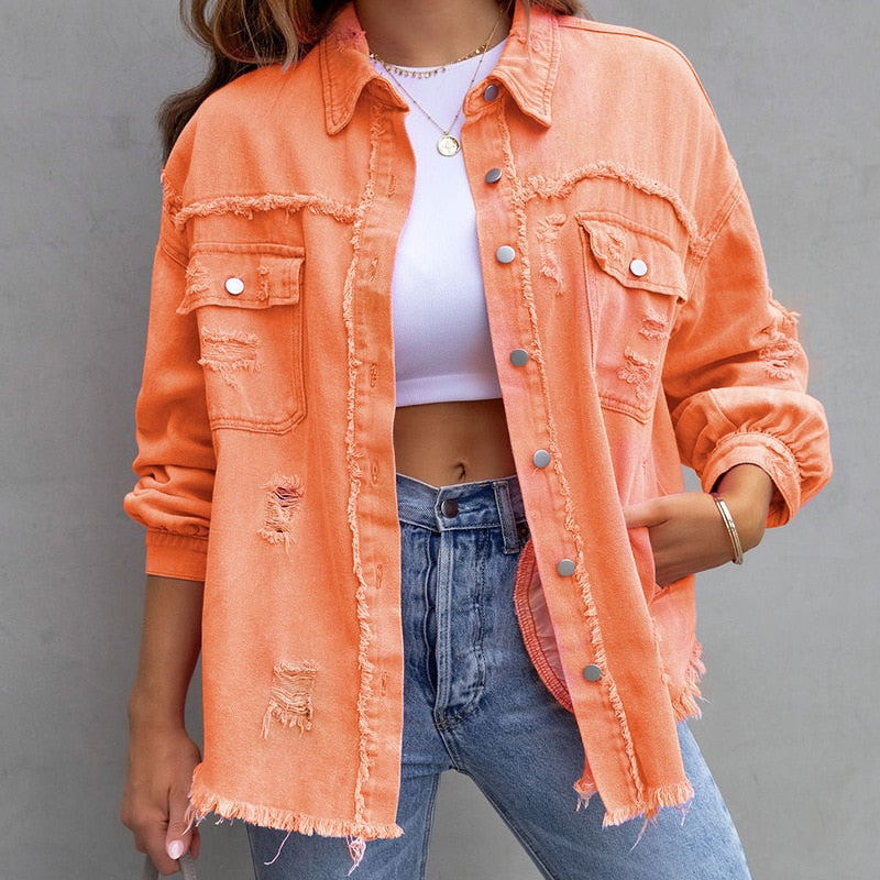 Women's Lightweight Loose Fit Denim Jacket with Turn-Down Collar and Tassels