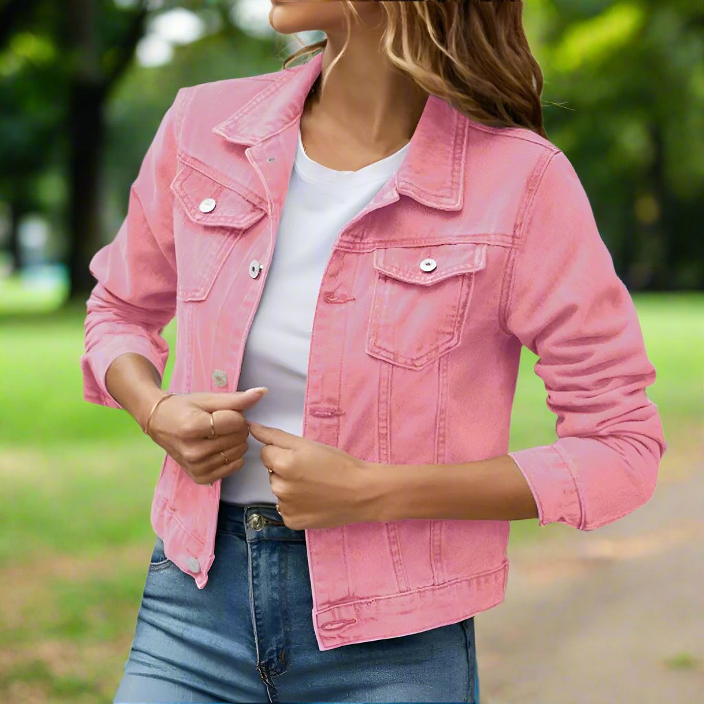 Women's Button-Up Denim Jacket with Turn-Down Collar Lapel Flap Pockets Slim Fit - Stylish and Durable