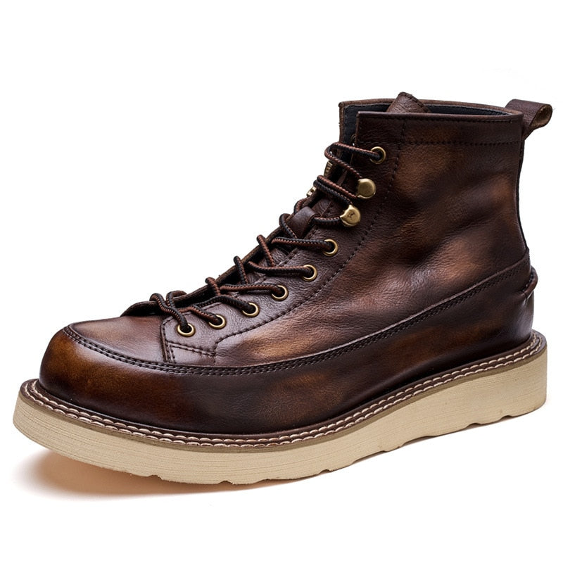 Men's New British Genuine Leather Lace-up Closure Round Toe Ankle-high Boots