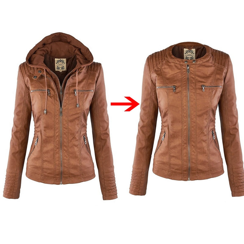 Waterproof Windproof Women's Suede PU Leather Jacket with Removable Hoodie - XS-XL Sizes Available