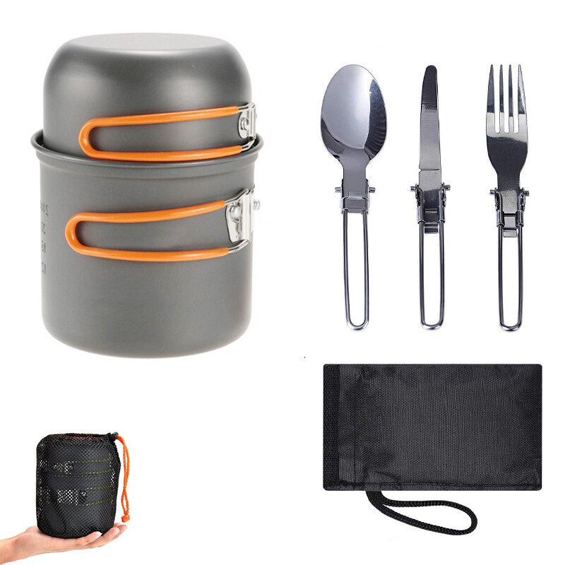 Ultralight Aluminum Camping Cookware Set with Foldable Handles and Essential Utensils for 1-2 People