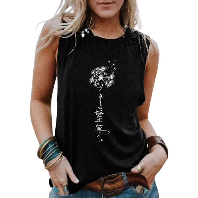 Just Breathe Dandelion Graphic Tank Top - Women's FAIRY SEASON Summer Sleeveless Shirt