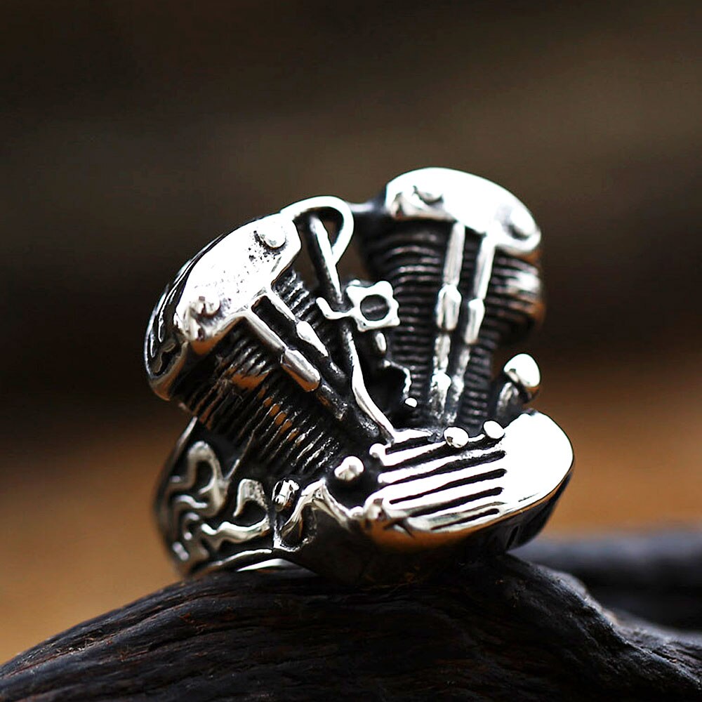 Vintage Stainless Steel Motorcycle Engine Skull Ring - Bold and Unique Biker Punk Steampunk Jewelry