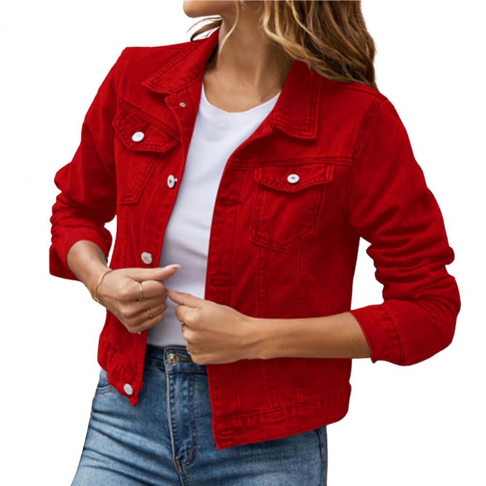 Women's Button-Up Denim Jacket with Turn-Down Collar Lapel Flap Pockets Slim Fit - Stylish and Durable