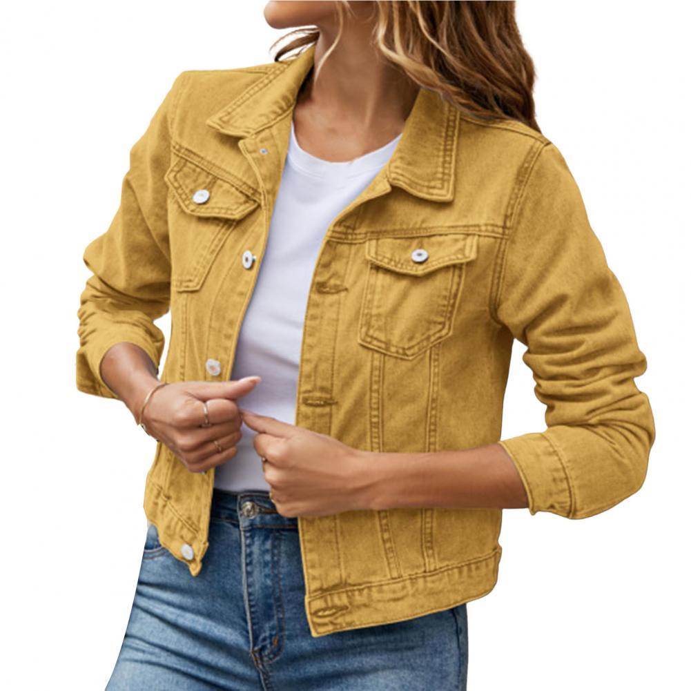 Women's Button-Up Denim Jacket with Turn-Down Collar Lapel Flap Pockets Slim Fit - Stylish and Durable