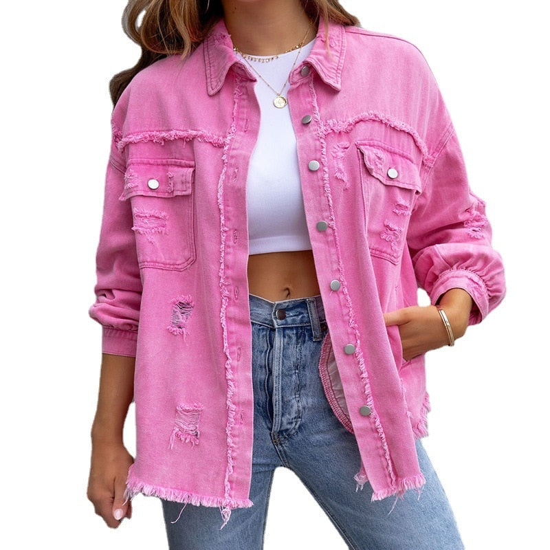 Women's Lightweight Loose Fit Denim Jacket with Turn-Down Collar and Tassels