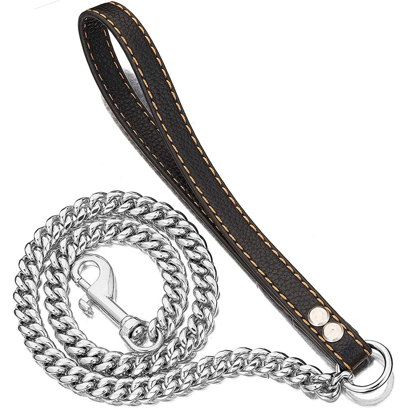 Heavy Duty Anti-bite Chain Leash with Leather Handle - 120cm - Durable Metal - Chew Proof - Suitable for Strong Dog Breeds