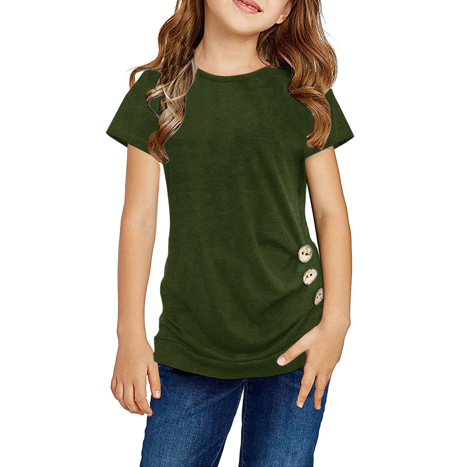 Girls Casual Knot Loose Tunic Top O-neck Short Sleeve Front Button T-shirt - 90% Cotton 10% Spandex Blend