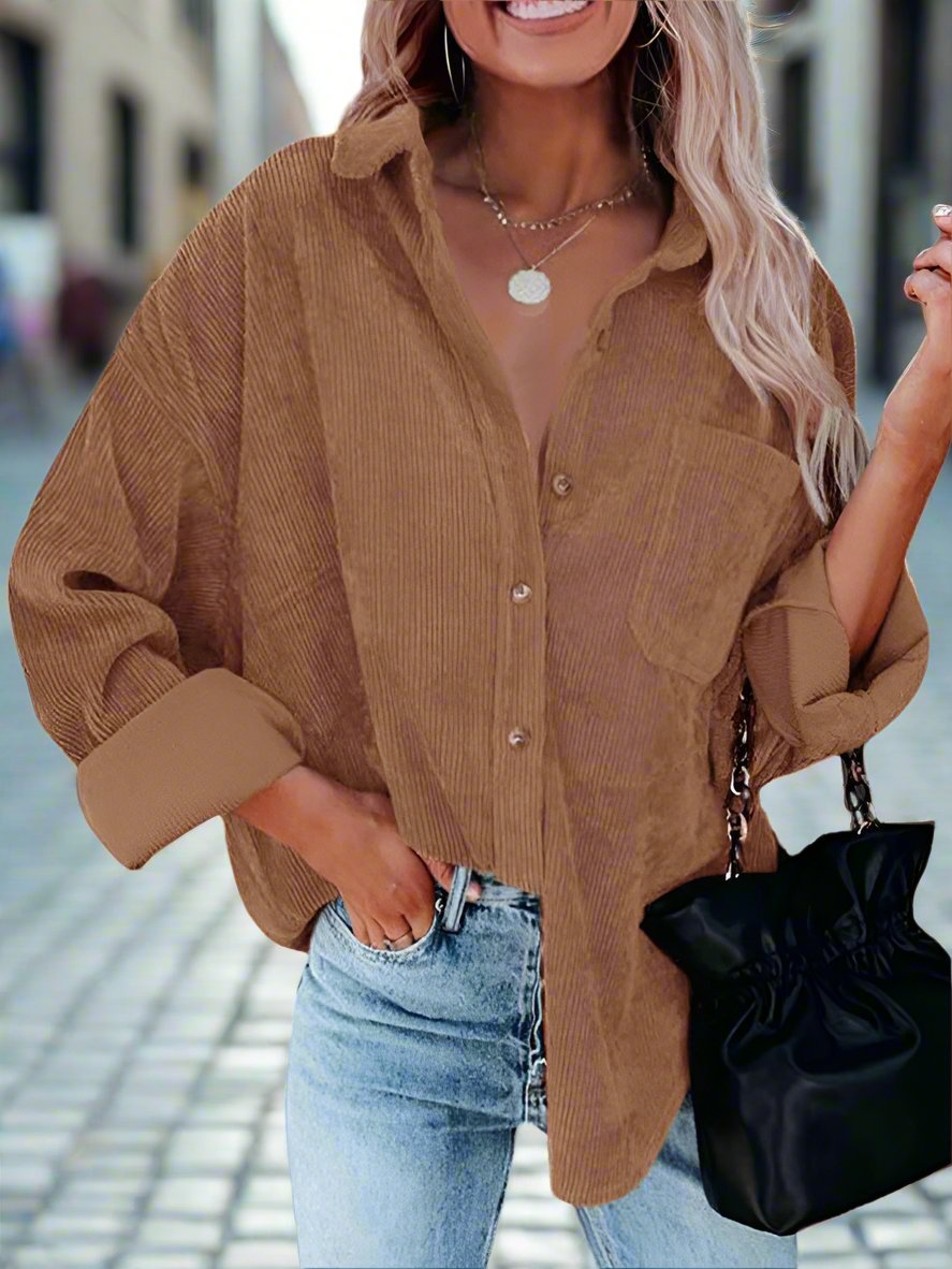 Women's Corduroy Shacket Jacket with Pocket - Long Sleeve Oversized Shirt