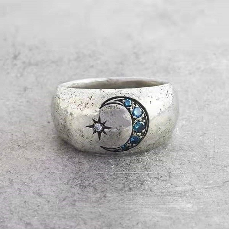 Vintage Sun Moon Ring with Blue Stone Inlay - Women's Zinc Alloy Statement Jewelry