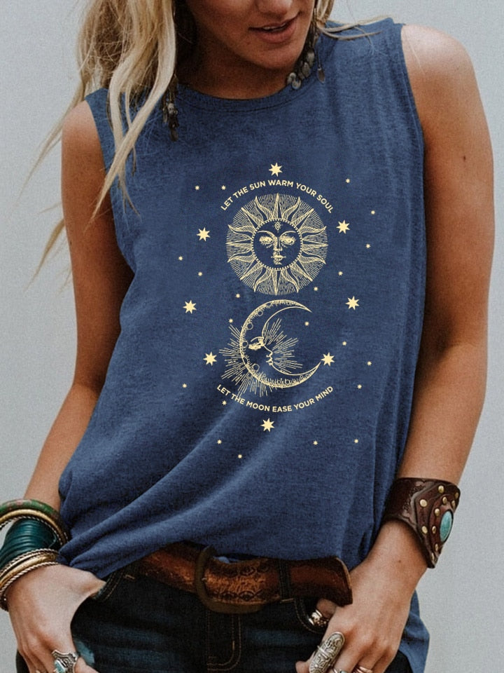 Vintage Sun and Moon Graphic Tank Top - Comfortable Sleeveless Shirt with Modern Letter Design and Breathable Cotton Blend Fabric