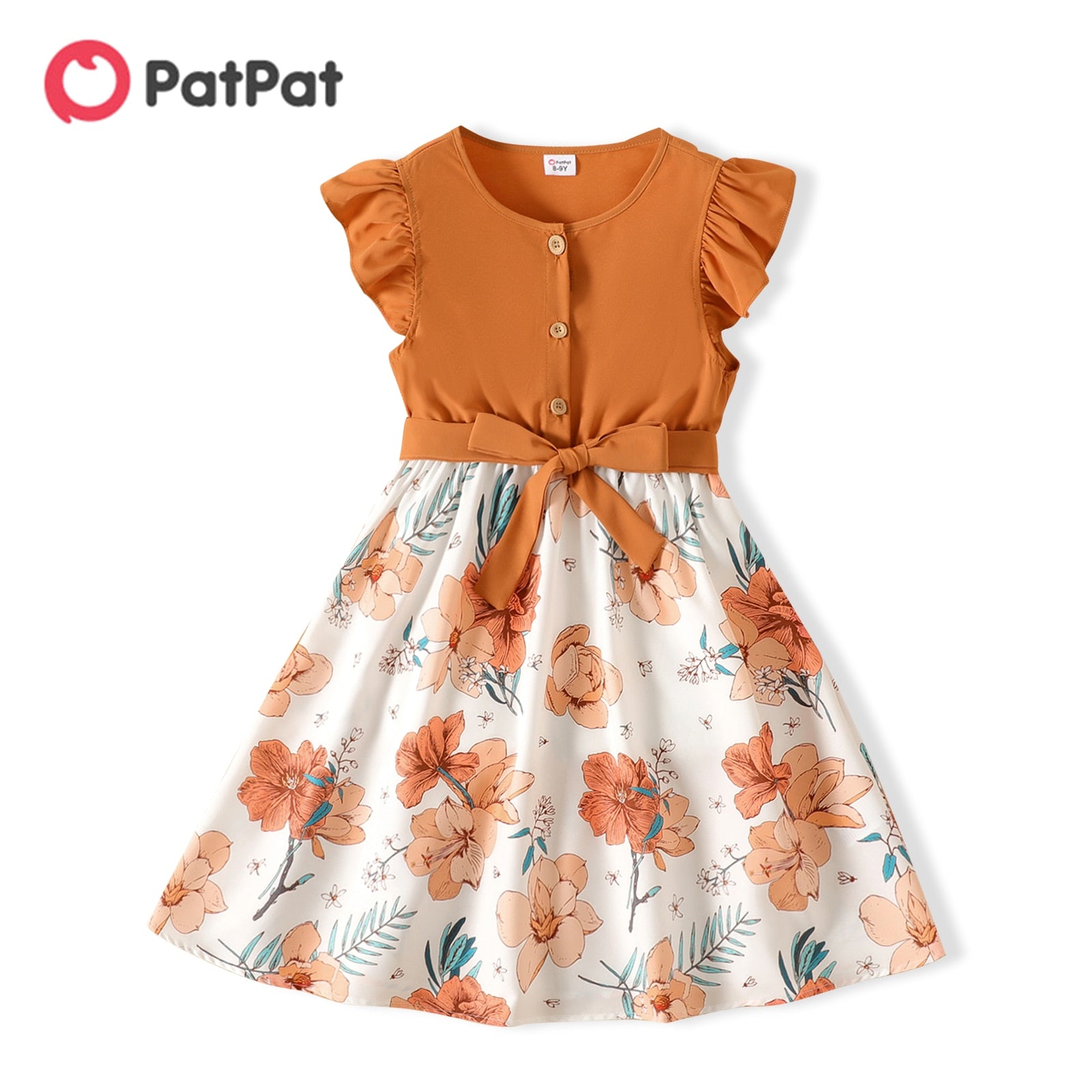 Girls Button-up Ruffled Floral Design O-neck Collar Knee-length Dress - A-LINE Style with Bow Decorations - PATPAT