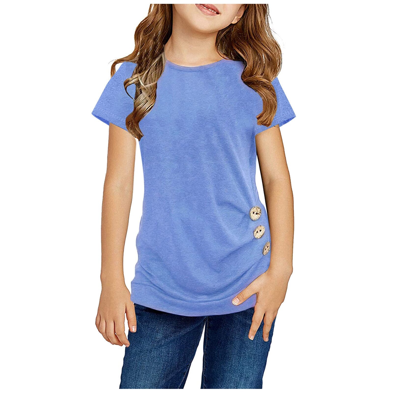 Girls Casual Knot Loose Tunic Top O-neck Short Sleeve Front Button T-shirt - 90% Cotton 10% Spandex Blend