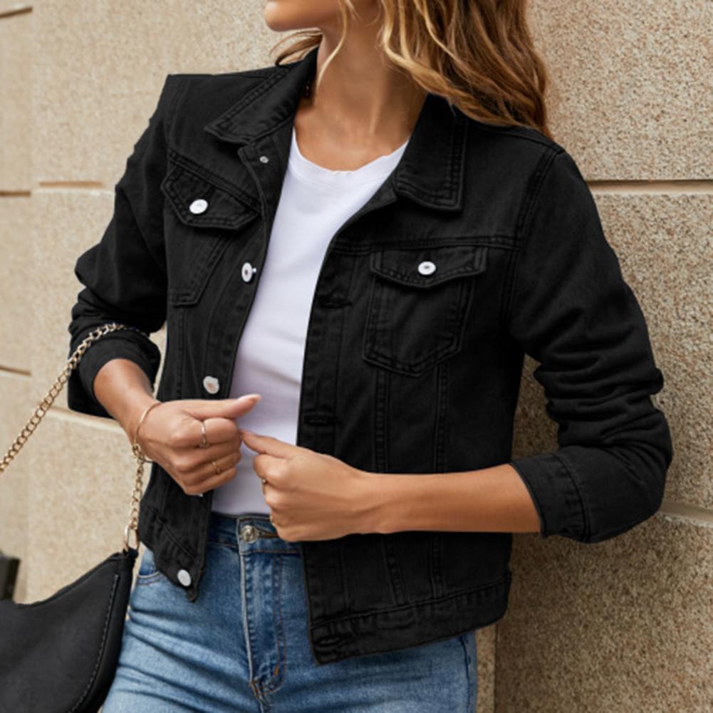 Women's Button-Up Denim Jacket with Turn-Down Collar Lapel Flap Pockets Slim Fit - Stylish and Durable