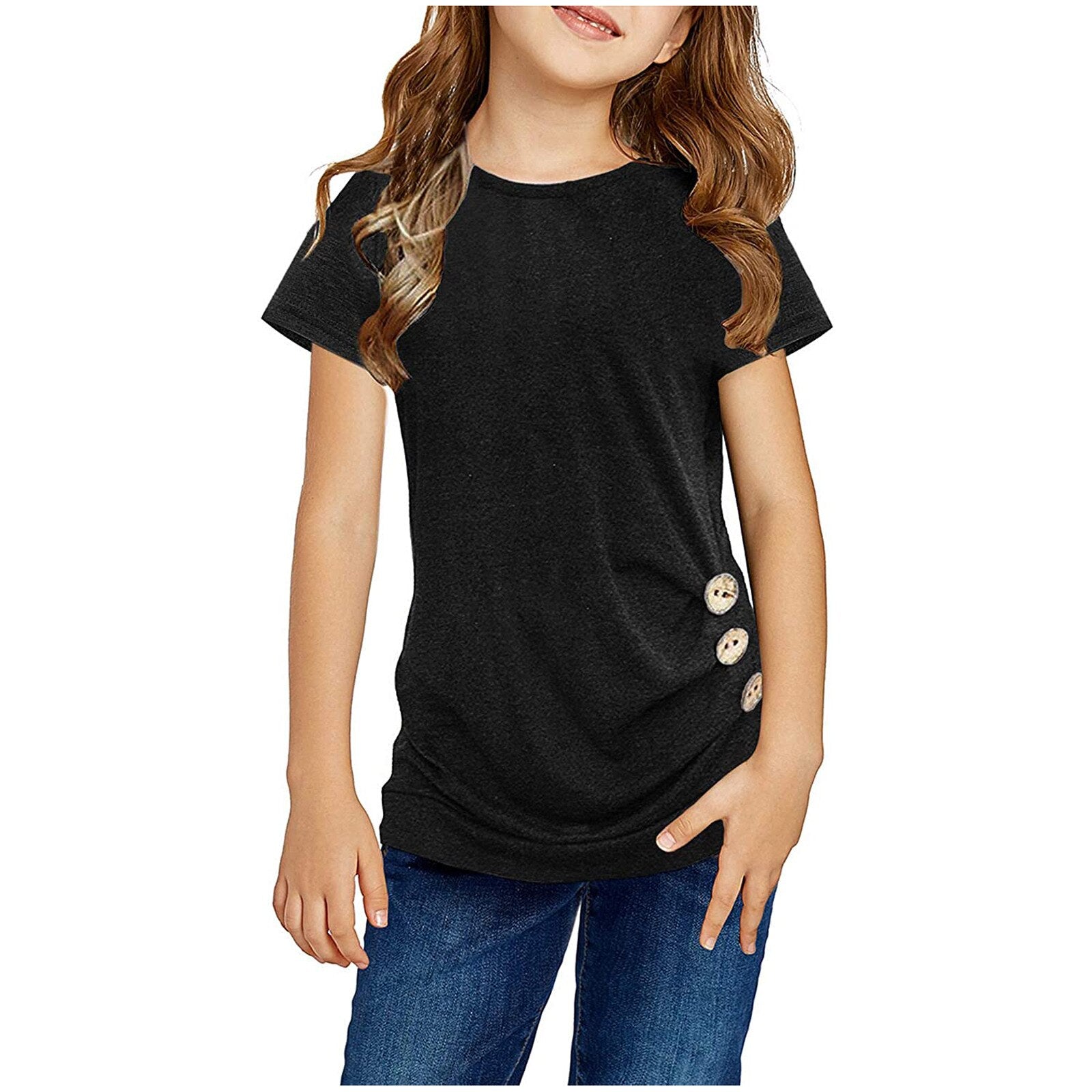 Girls Casual Knot Loose Tunic Top O-neck Short Sleeve Front Button T-shirt - 90% Cotton 10% Spandex Blend