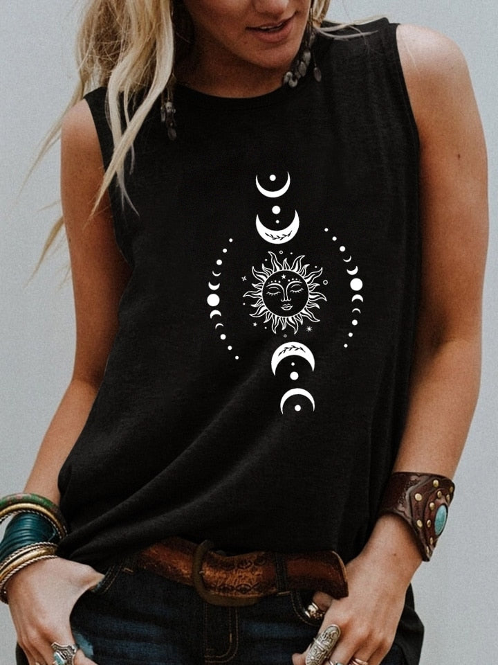 Women's Celestial Sun Moon Graphic Print Sleeveless Tank Top - Stylish and Unique Addition to Your Wardrobe