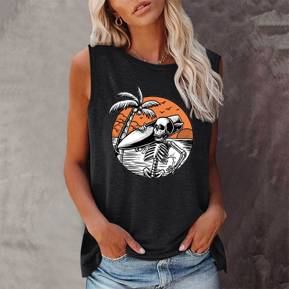 Women's 90s Inspired Surfer Skeleton Graphic Print Sleeveless Tank Top - Lightweight and Stylish for Summer