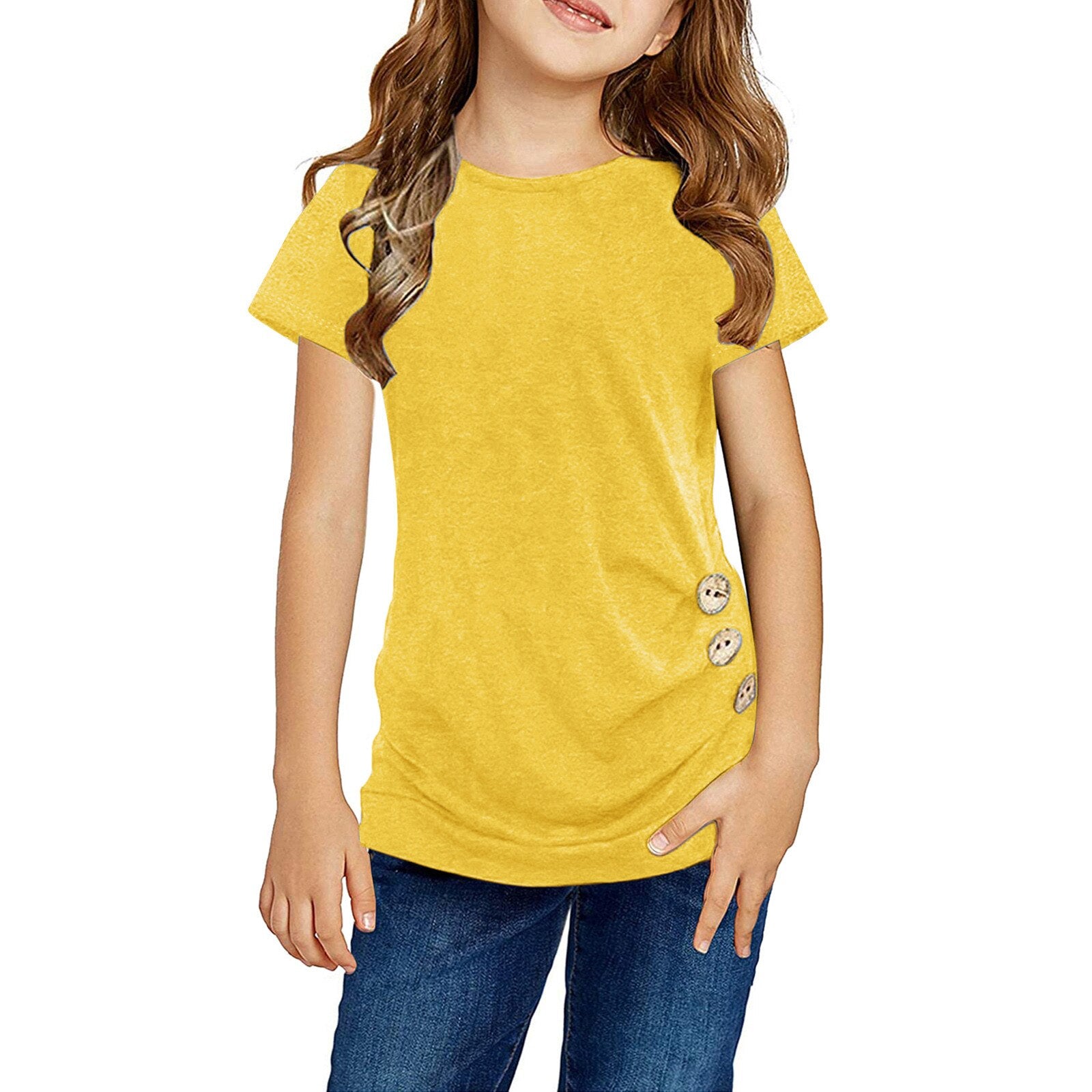 Girls Casual Knot Loose Tunic Top O-neck Short Sleeve Front Button T-shirt - 90% Cotton 10% Spandex Blend