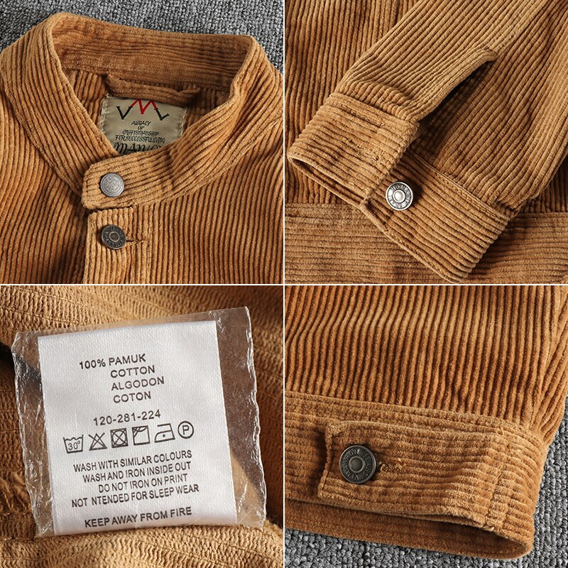 Men's High Quality Khaki Retro Washed Corduroy Jacket - Slim Fit Turn-Down Collar Single-Breasted Closure 100% Cotton Comfort