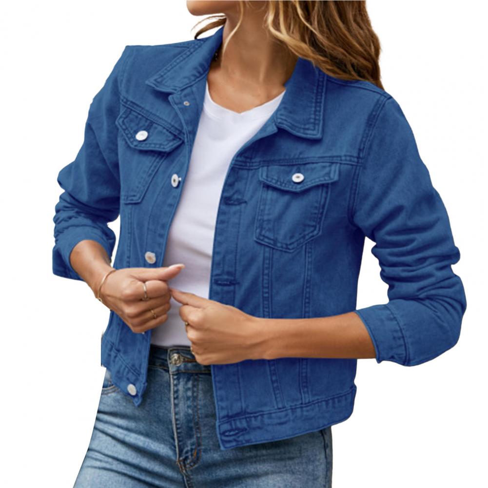 Women's Button-Up Denim Jacket with Turn-Down Collar Lapel Flap Pockets Slim Fit - Stylish and Durable