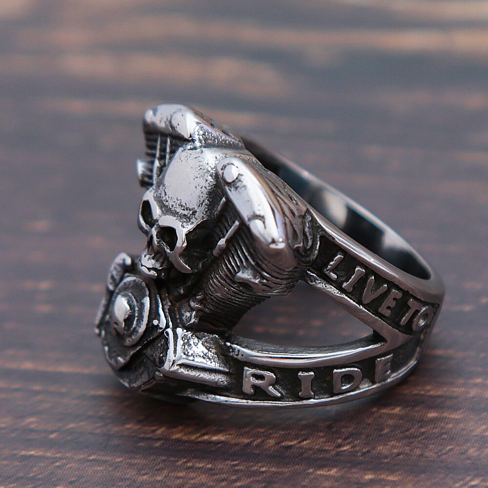 Vintage Stainless Steel Motorcycle Engine Skull Ring - Bold and Unique Biker Punk Steampunk Jewelry