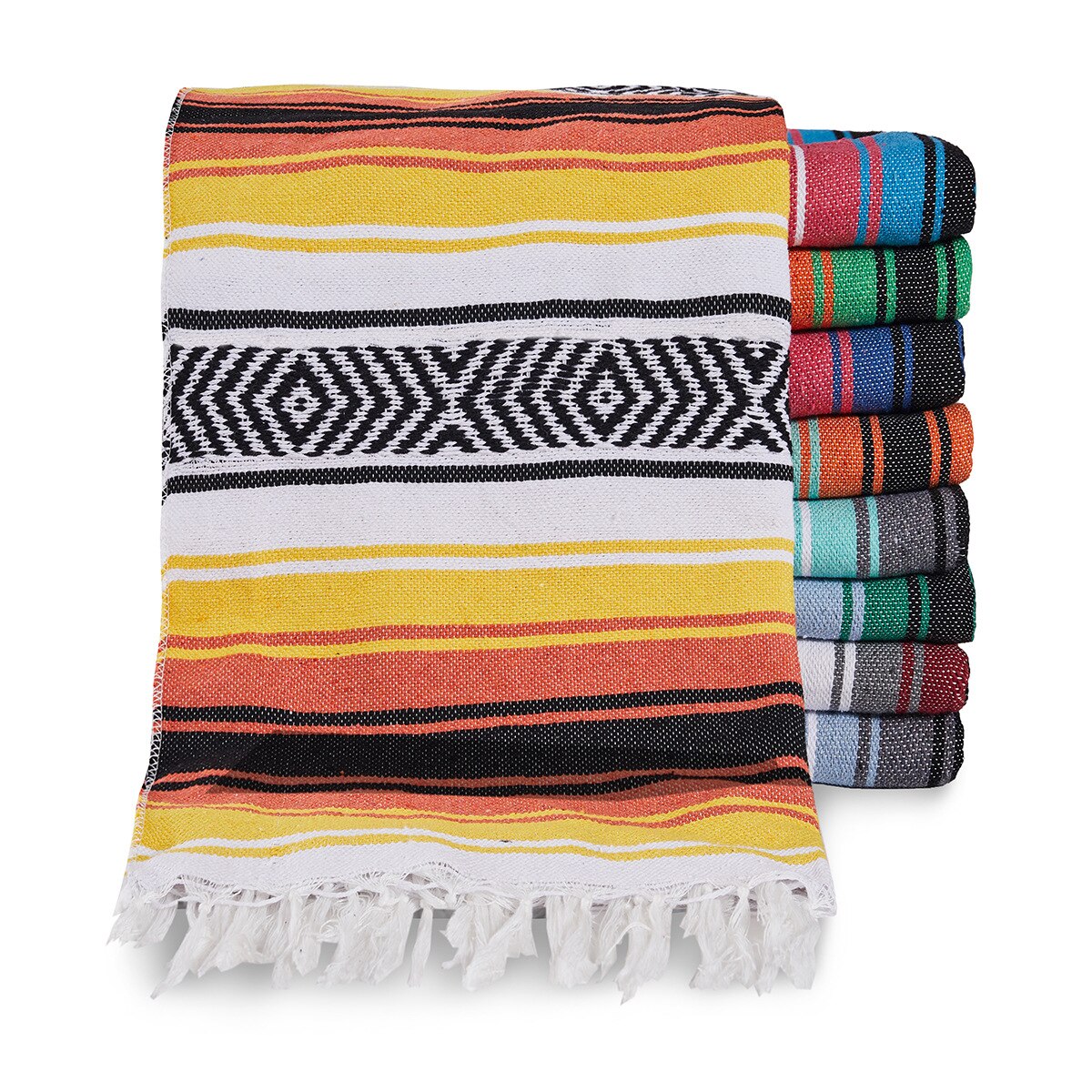 Handmade Mexican Woven Blanket with Tassels - 130x170cm Cotton Blanket For Camping Beach Trips Picnics and Home Decor