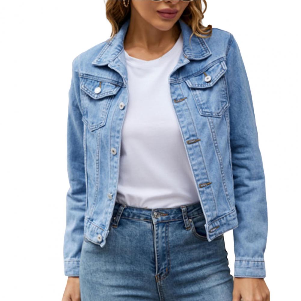 Women's Button-Up Denim Jacket with Turn-Down Collar Lapel Flap Pockets Slim Fit - Stylish and Durable