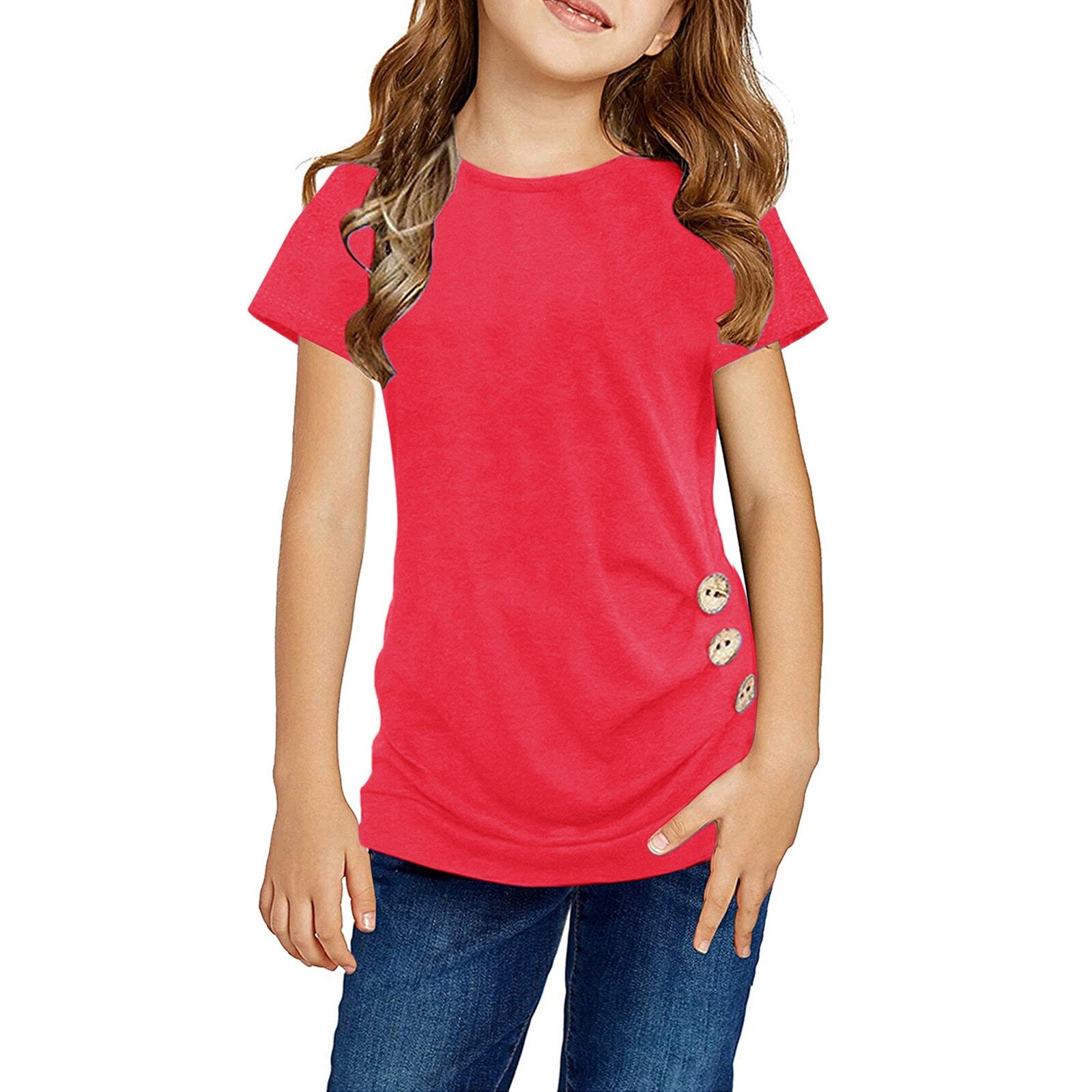 Girls Casual Knot Loose Tunic Top O-neck Short Sleeve Front Button T-shirt - 90% Cotton 10% Spandex Blend