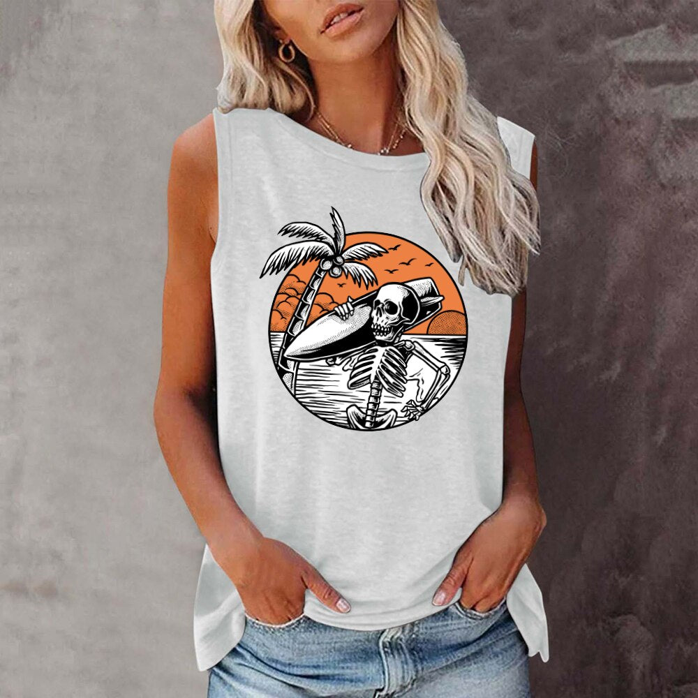 Women's 90s Inspired Surfer Skeleton Graphic Print Sleeveless Tank Top - Lightweight and Stylish for Summer