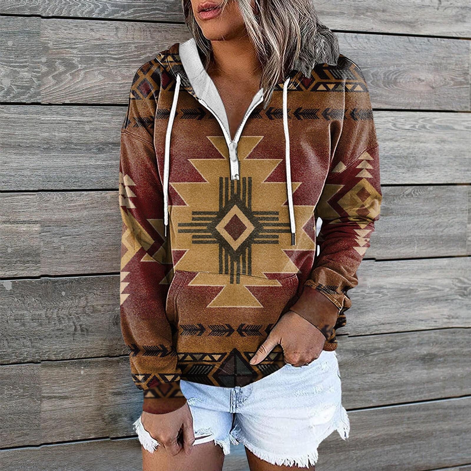 Women's Retro Aztec Geometric Print Sweatshirt Hoodie with Zip Front Closure