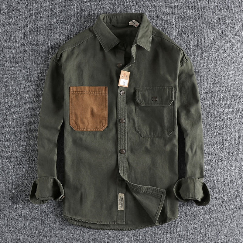 Vintage Men's Washed Grain Woven Coat with Sleeve Patch - 100% Cotton Blend for Comfort and Style