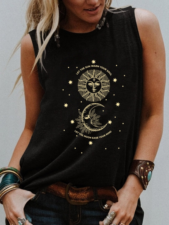 Vintage Sun and Moon Graphic Tank Top - Comfortable Sleeveless Shirt with Modern Letter Design and Breathable Cotton Blend Fabric