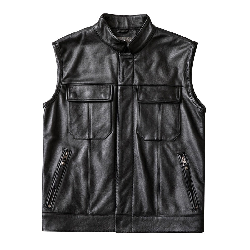 Men's Premium Leather Stand Collar Vest - Slim Fit Single Breasted Closure Polyester Lining Stylish Design