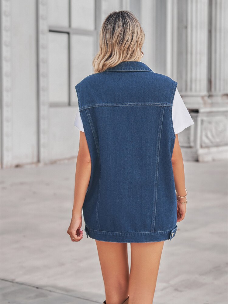 Women's Retro Geometric Aztec Denim Vest with Button Closure and Turn-down Collar