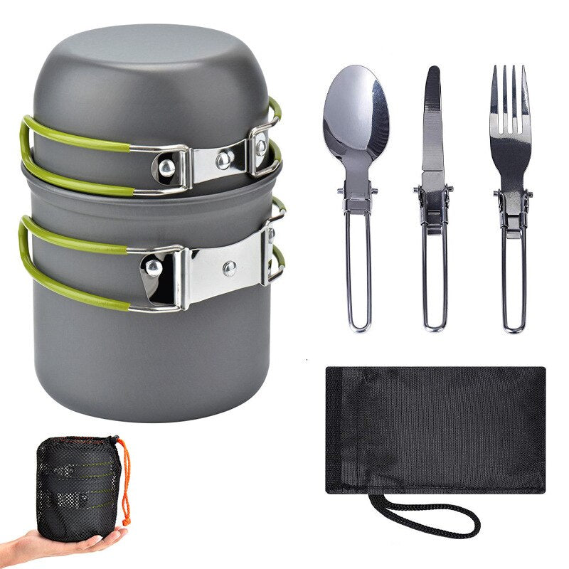 Ultralight Aluminum Camping Cookware Set with Foldable Handles and Essential Utensils for 1-2 People