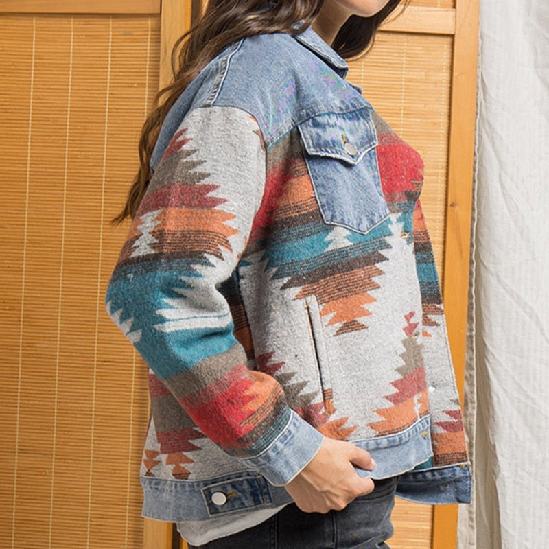 Stylish Women's Retro Aztec Long Sleeve Denim Woolen Jacket with Pockets