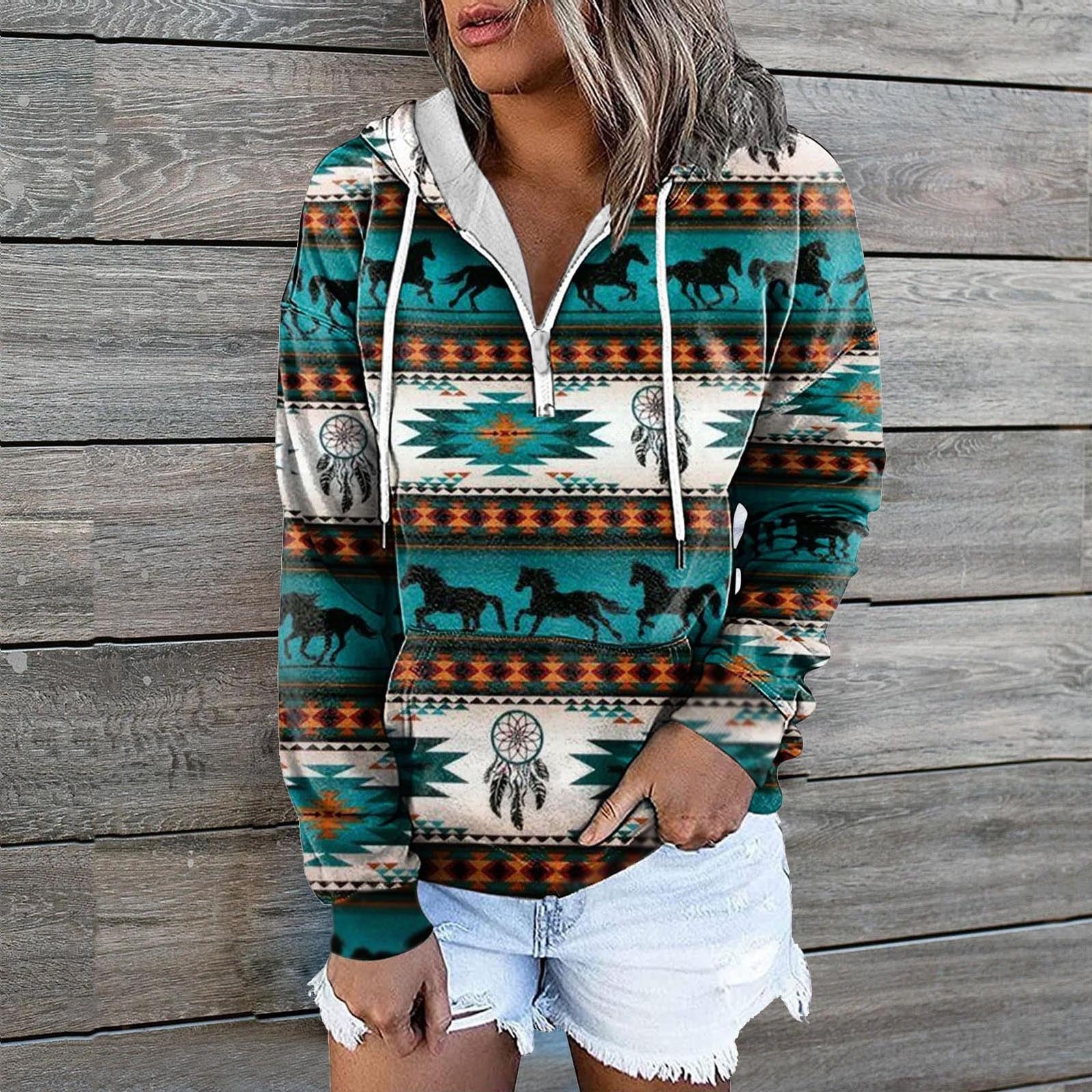 Women's Retro Aztec Geometric Print Sweatshirt Hoodie with Zip Front Closure