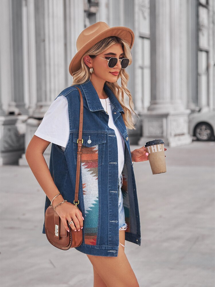 Women's Retro Geometric Aztec Denim Vest with Button Closure and Turn-down Collar