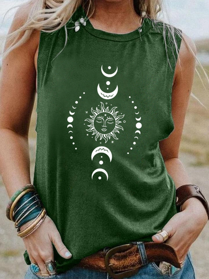 Women's Celestial Sun Moon Graphic Print Sleeveless Tank Top - Stylish and Unique Addition to Your Wardrobe