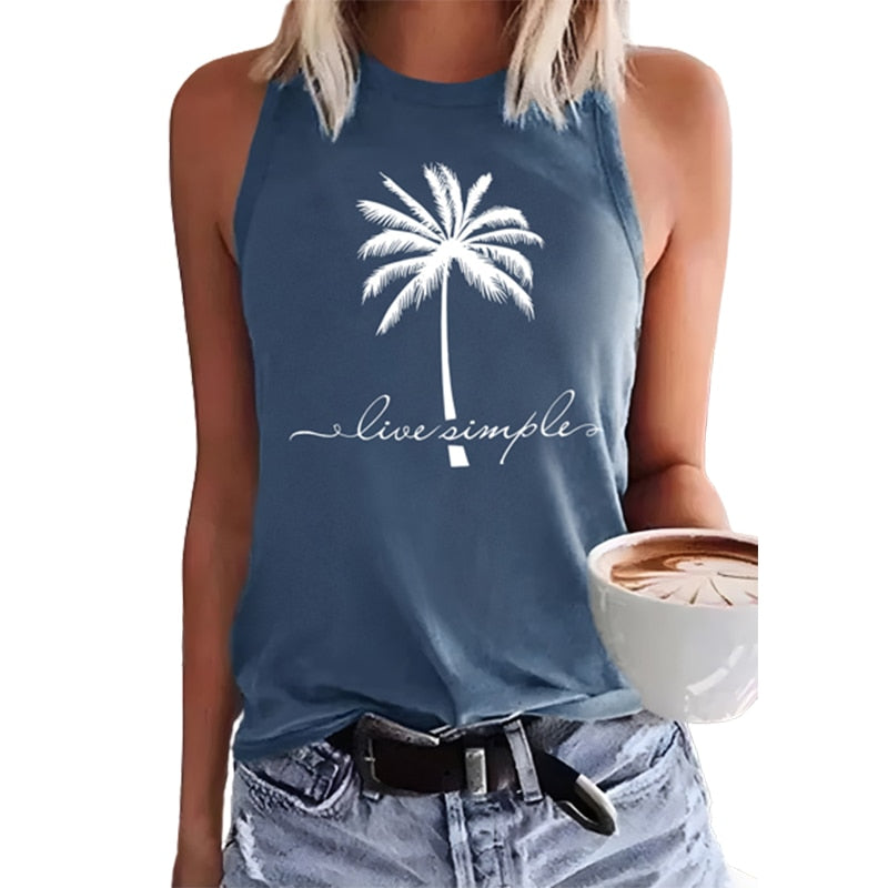 Women's Sleeveless Tank Top with Vintage Coconut Tree Graphic Print - Breathable and Stylish Summer Wear