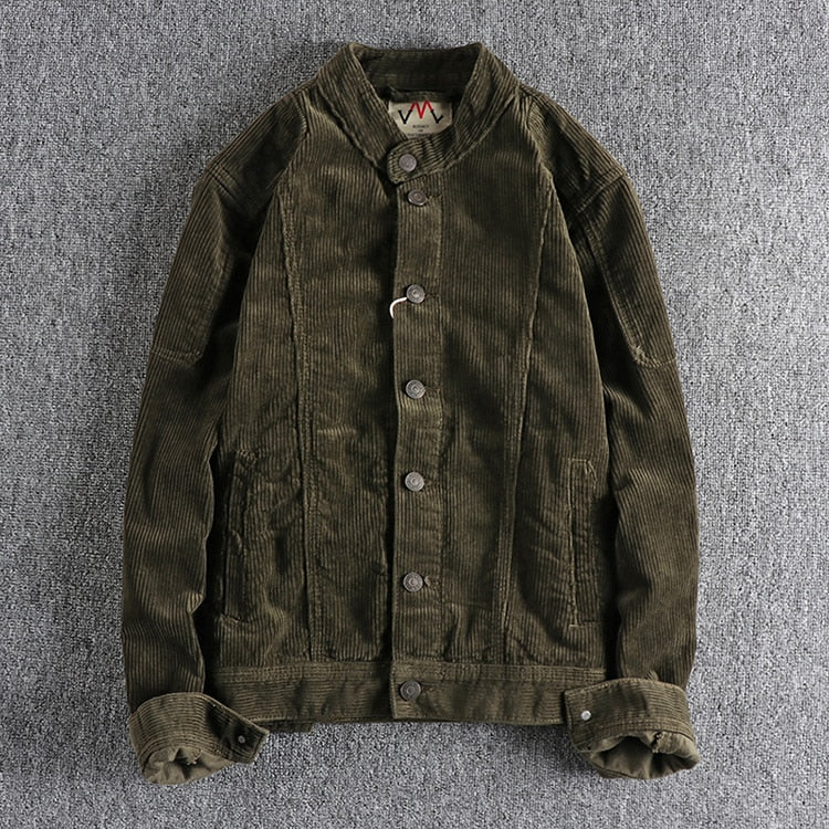 Men's High Quality Khaki Retro Washed Corduroy Jacket - Slim Fit Turn-Down Collar Single-Breasted Closure 100% Cotton Comfort